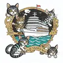 a cruise ship on the ocean with music of the smiths and the misfits playing from it. anthropomorphic cats and dogs dance tattoo design idea