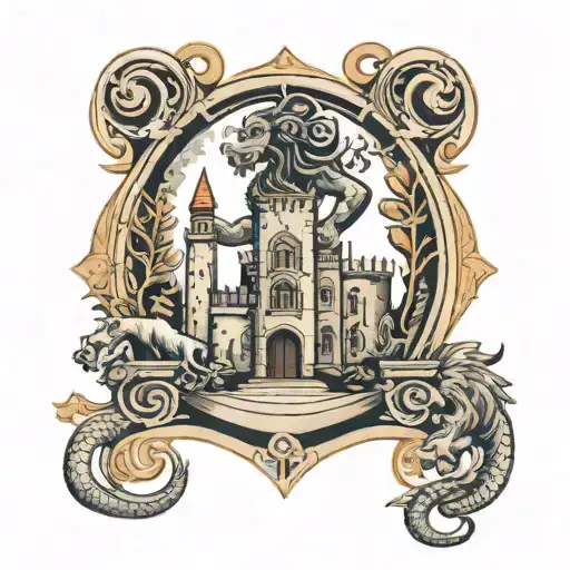 italian mythical creature with castle and god symbol in alchemy tattoo design idea