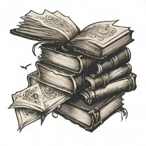 stack of books flying tattoo design idea