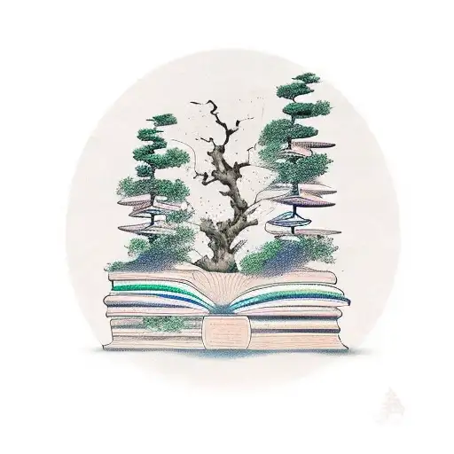 a stack of five books with tree growing out the top tattoo design idea