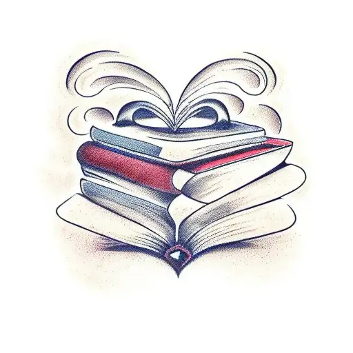 a stack of five books. the book on top has pages curled into the shape of a heart tattoo design idea