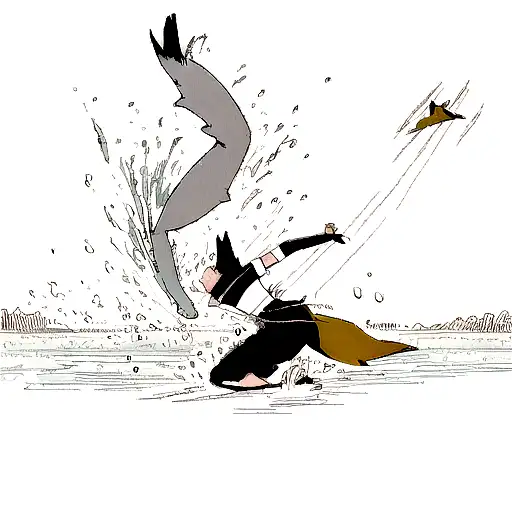 Minimalist, fine line, magical book tipped open with life scenes pouring out, diving with bull sharks, sailing across At tattoo design idea