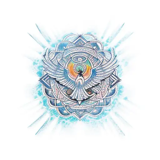 A traditional tattoo design showcasing a phoenix surrounded by lush nature, with a mandala-inspired sacred geometric background tattoo design idea