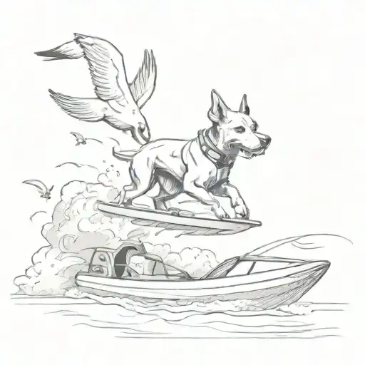 A sketch style tattoo of a playful dog chasing seagulls on the beach, with a jet ski parked in the background tattoo design idea