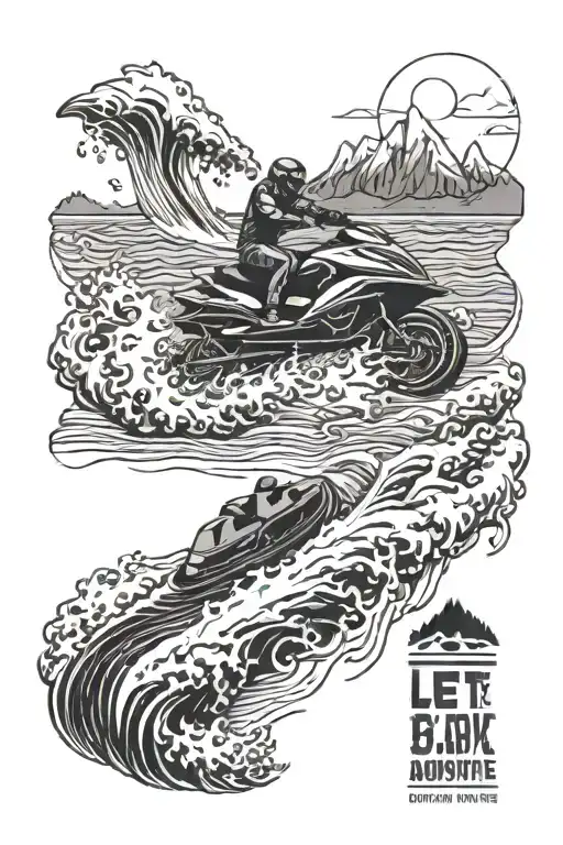 A detailed blackwork tattoo of a jet ski flying over ocean waves, with a camping tent and 4x4 vehicle in the background tattoo design idea