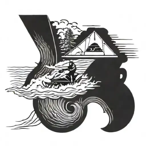 A detailed blackwork tattoo of a jet ski flying over ocean waves, with a camping tent and 4x4 vehicle in the background tattoo design idea