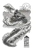 A detailed blackwork tattoo of a jet ski flying over ocean waves, with a camping tent and 4x4 vehicle in the background tattoo design idea
