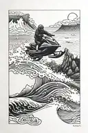 A detailed blackwork tattoo of a jet ski flying over ocean waves, with a camping tent and 4x4 vehicle in the background tattoo design idea