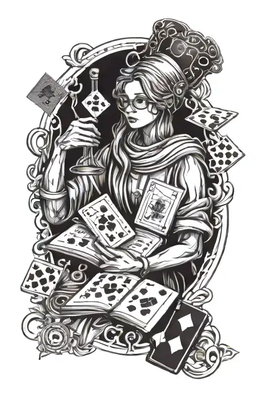 Create a tattoo of a student studying with poker cards as bookmarks and religious symbols in the background tattoo design idea