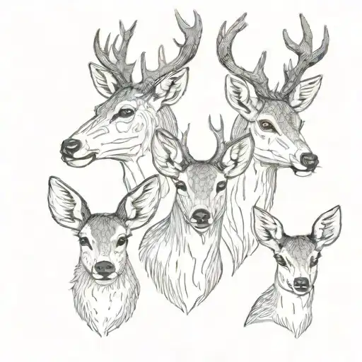 Family of deer heads on torso dad mom daughter and son in a vertical line  tattoo design idea