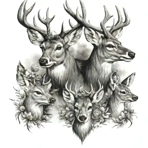 Family of deer heads on torso dad mom daughter and son tattoo design idea