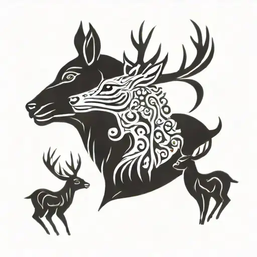 Family of deer heads on torso dad mom daughter and son tattoo design idea