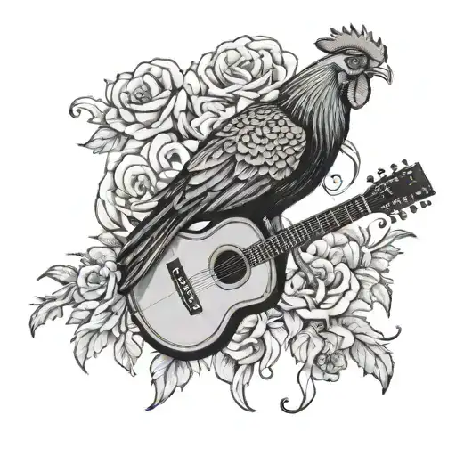 An intricate black and grey tattoo featuring a South Carolina gamecock playing an acoustic guitar tattoo design idea