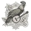An intricate black and grey tattoo featuring a South Carolina gamecock playing an acoustic guitar tattoo design idea
