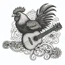 An intricate black and grey tattoo featuring a South Carolina gamecock playing an acoustic guitar tattoo design idea
