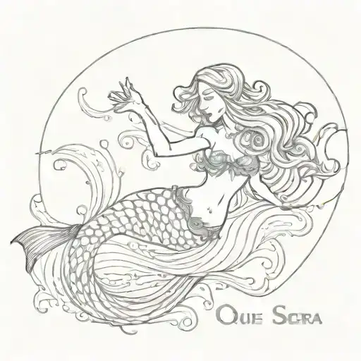 A mermaid in lines who laid on her side and the text que sera sera under it  tattoo design idea