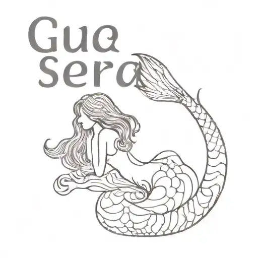 A mermaid in lines who laid on her side and the text "que sera sera" under it  tattoo design idea