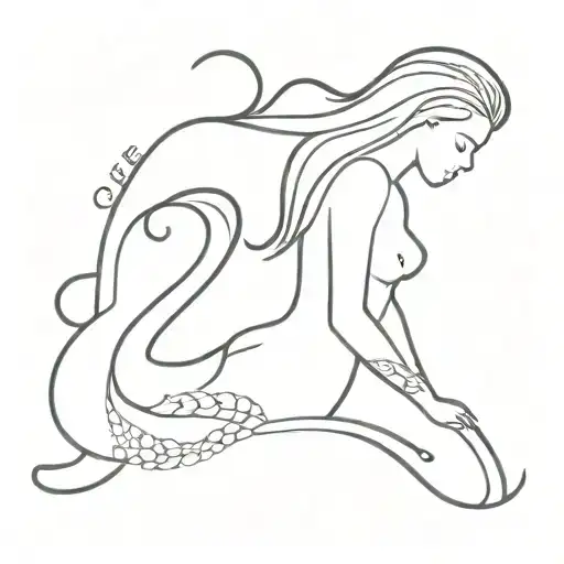 A mermaid in lines who laid on her side and the text que sera sera under it  tattoo design idea