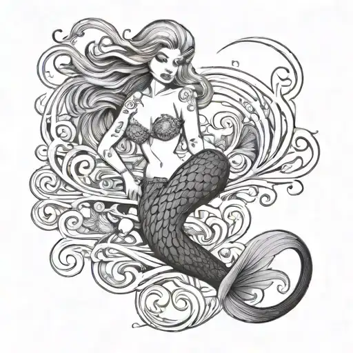 A mermaid in lines who laid on her side and the text que sera sera under it  tattoo design idea