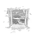broken window with a sea view tattoo design idea