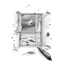 broken window with a sea view tattoo design idea