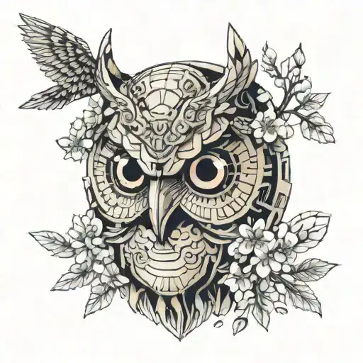 athena owl mask surrounded by cherry blossoms and athena owl coin  tattoo design idea
