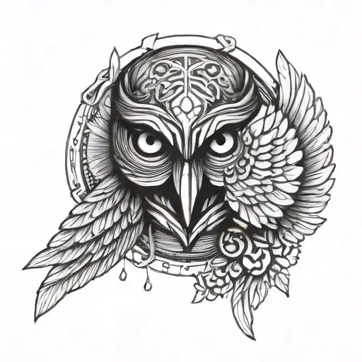 athena owl mask merged with assassin creed symbol with wings surrounded by athena owl coin tattoo design idea