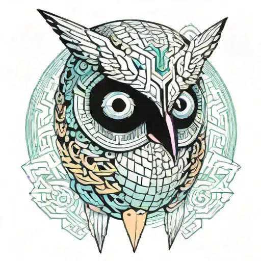 athena owl mask surrounded  and athena owl coin  tattoo design idea