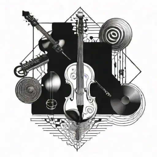 Incorporate a musical instrument into a geometric pattern inspired by Albanian architecture tattoo design idea