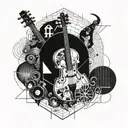 Incorporate a musical instrument into a geometric pattern inspired by Albanian architecture tattoo design idea