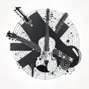 Incorporate a musical instrument into a geometric pattern inspired by Albanian architecture tattoo design idea