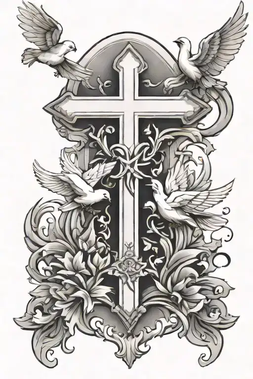 white Christian cross surrounded by doves flying tattoo design idea