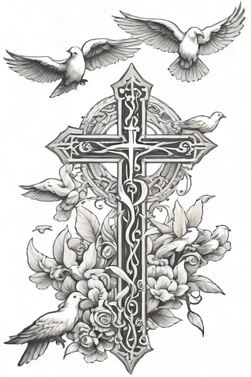 white christian cross surrounded by flying doves tattoo design idea