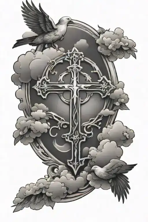  christian cross surrounded by flying doves and clouds tattoo design idea