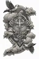  christian cross surrounded by flying doves and clouds tattoo design idea
