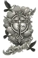  christian cross surrounded by flying doves and clouds tattoo design idea
