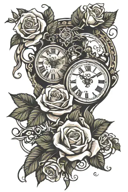 roses interwined with a clock inside tattoo design idea
