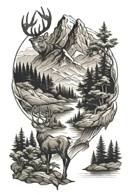 mountains with forest trees with deer and rivers tattoo design idea