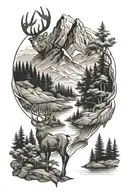 mountains with forest trees with deer and rivers tattoo design idea