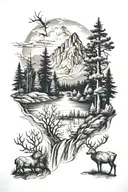 mountains with forest trees with deer and rivers tattoo design idea