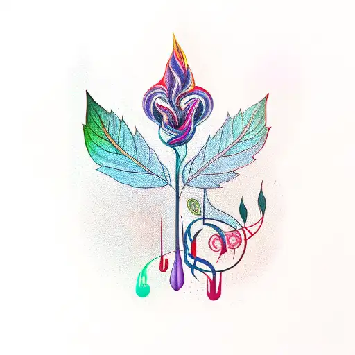 A vibrant, surrealistic tattoo of a plant with musical notes flowing out of its leaves. tattoo design idea