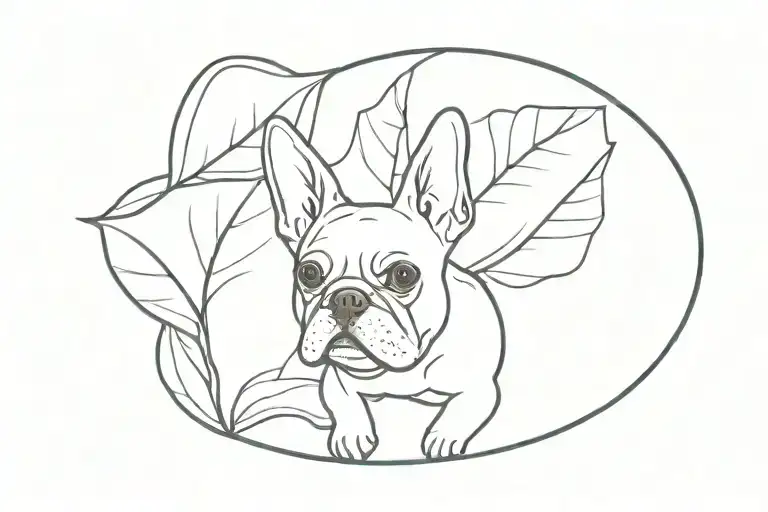 A minimalist design of a single leaf with intricate veins, subtly incorporating the silhouettes of a Boston Terrier and French Bulldog within the design tattoo design idea