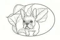 A minimalist design of a single leaf with intricate veins, subtly incorporating the silhouettes of a Boston Terrier and French Bulldog within the design tattoo design idea