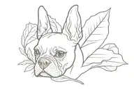 A minimalist design of a single leaf with intricate veins, subtly incorporating the silhouettes of a Boston Terrier and French Bulldog within the design tattoo design idea