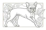 A minimalist design featuring intricate leaf patterns intertwined with silhouettes of a Boston Terrier and French Bulldog tattoo design idea