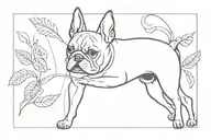 A minimalist design featuring intricate leaf patterns intertwined with silhouettes of a Boston Terrier and French Bulldog tattoo design idea