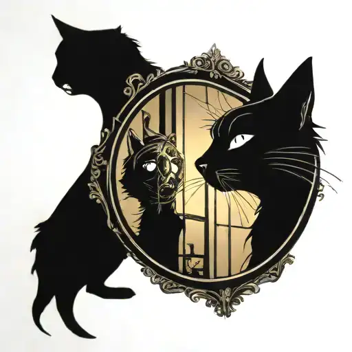 A gothic cat silhouette trapped inside a mirror tattoo design idea