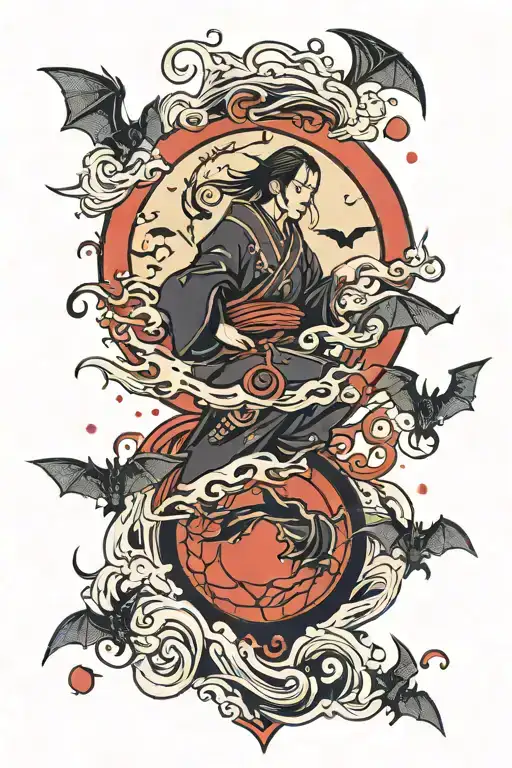itachi blood moon bats Japanese lettering tattoo design idea