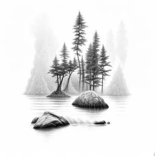 A black-grey tattoo depicting a serene forest landscape with a hidden fishing spot and a large mouth bass jumping out of the water tattoo design idea