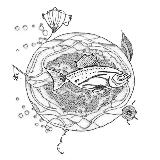 A delicate dotwork tattoo featuring a fishing hook adorned with tiny flowers and leaves, representing the harmony between fishing and the natural world tattoo design idea